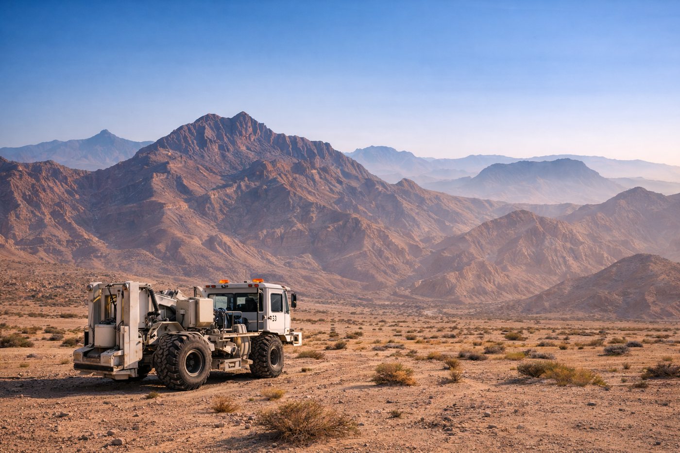 A seismic survey truck in the desert below ophiolite mountains